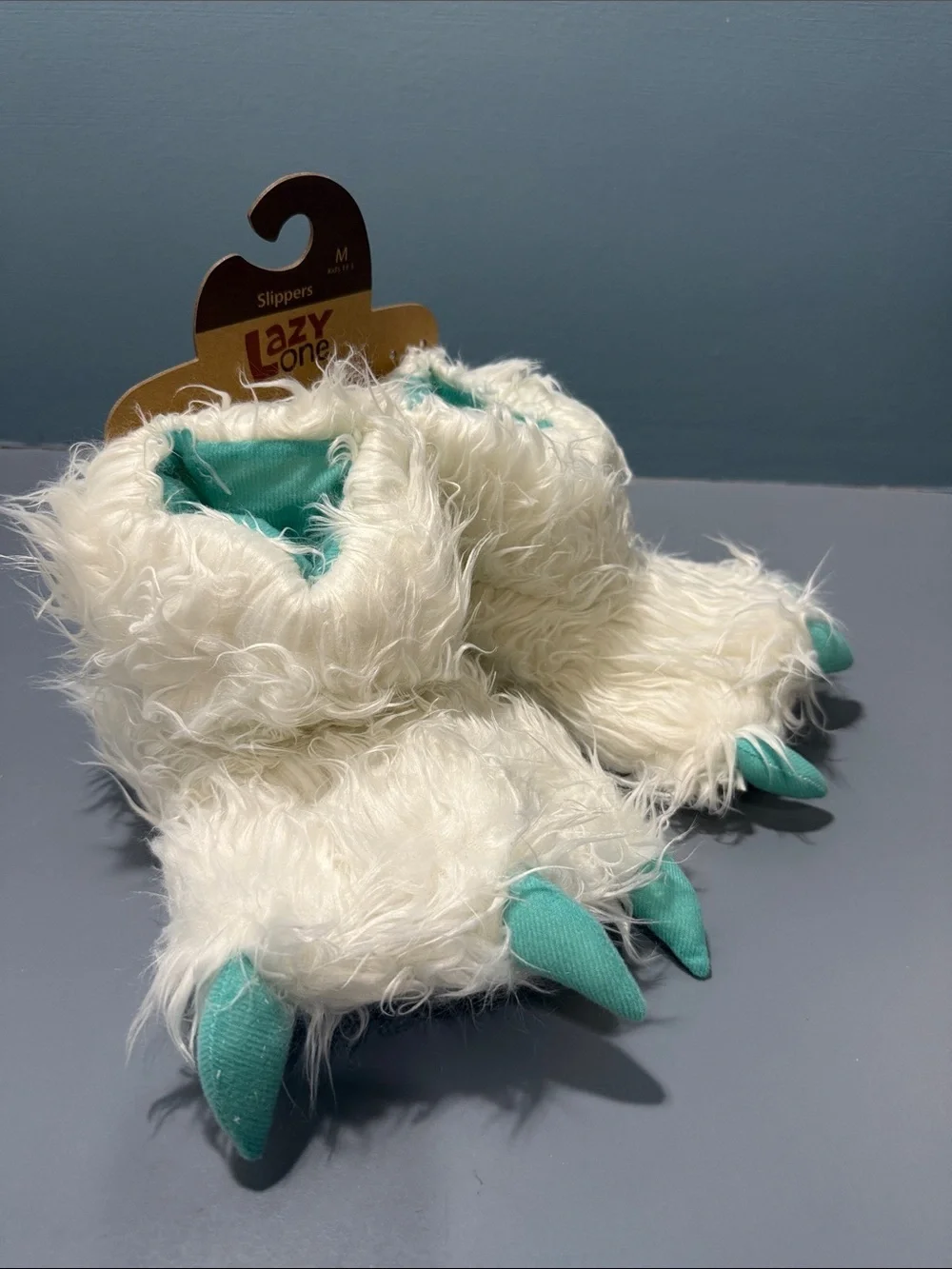 Lazy One White Fuzzy Monster Claw Slipper Boots with Teal Claws